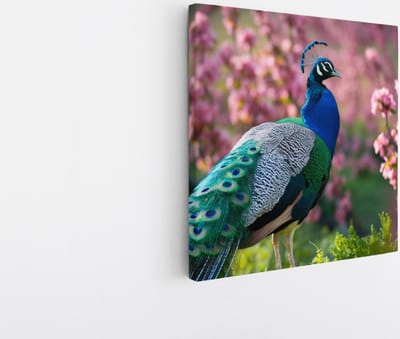 Saammp Canvas Schilderij - Pauw bij roze bloemen - Dieren - Natuur - 20x20 - Foto op canvas - Wanddecoratie - muurdecoratie Woonkamer - Slaapkamer decoratie - Canvas Print