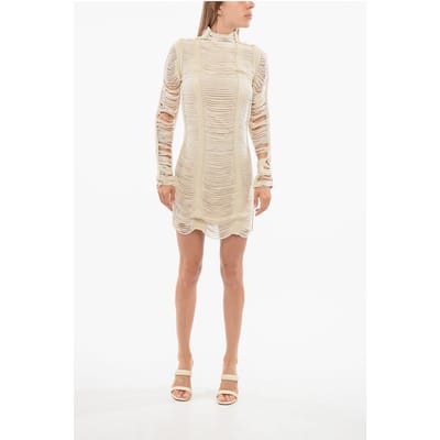 Lange meshjurk met mouwen in beige