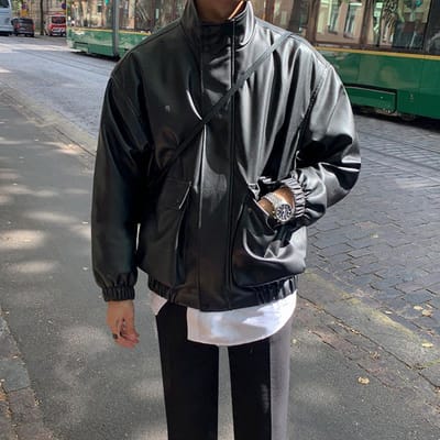 Herfst Koreaanse Trendy Losse Leren Jas Heren Motorjas Piloten Leren Jas Korte Jas 2XL zwart