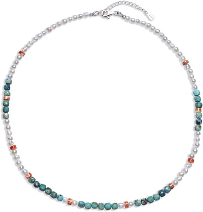 Cavill - Zilveren Halsketting - 925 Sterling Zilver Rhodium - Oranje Stekelige Oesters 5ct & Campitos Turkoois 17,5ct - Boho Style - Verstelbaar