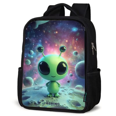 NoBoringSuitcases.com® - Rugzak zwart - Schooltas jongen & meisje - Groen buitenaards wezentje op maanlandschap - Rugtas voor school - Boekentas kind - Schoolrugzak - Kinderrugzak