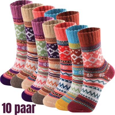 Warme Winter Sokken dames - Set van 10 paar - Vintage design Noorse stijl met wol - maat 35 tot 38