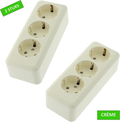 TQ4U Wandcontactdoos - 3 voudig - Opbouw - Met randaarde - Kinderbeveiliging - Crème - 2 stuks