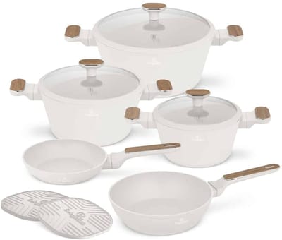 Berlinger Haus Pannenset Nordic Mat Crème 7-Delig - Kookpan ø 20, 24, 28 cm & Koekenpan ø 20, 24 cm - geschikt voor alle warmtebronnen