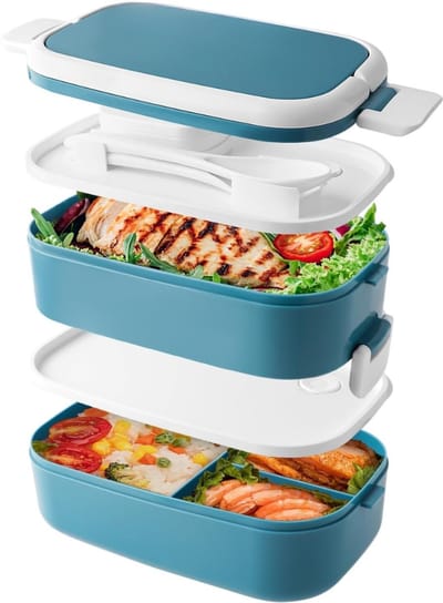 Famanu – Bento Lunchbox stapelbaar - 1500 ml containers met 4 compartimenten en bestek - lekvrije 2-laagse dozen - voor volwassenen en kinderen - kantoor - magnetron vaatwasmachinebestendig (blauw)