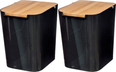 5Five prullenbak/vuilnisbak - 2x stuks - 5 liter - bamboe - zwart/lichtbruin - 24 x 19 cm - badkamer