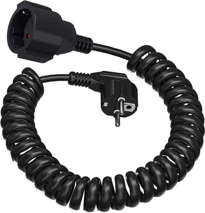 Spiraalsnoer 3 meter, 13A 3250W max, 3x1.0mm², PVC/PU, Zwart - Uitschuifbaar van 0.8 m tot 3 m, ideaal voor thuis en op kantoor