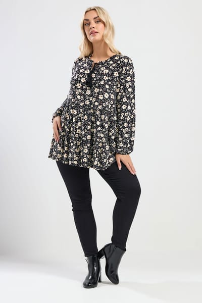 Yours Zwarte Blouse Met Bloemenstrik En Gelaagde Hals Size 42