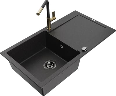 Mexen Leo granieten spoelbak 1-kamer met afdruiprek en keukenmengkraan Flora, zwart/zilver metallic - 6501-73-670401-57-B