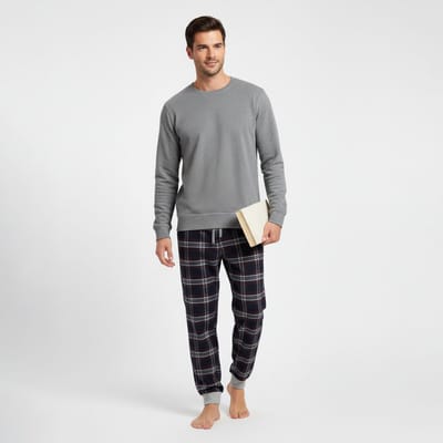 La V pyjamaset voor heren met flanel joggingbroek Grijs S