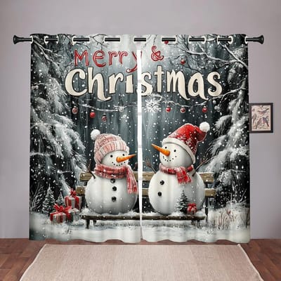 2 stuks Winter Kerst Decoratie Gordijnen Schattige Cartoon Sneeuwpop Warme Slaapkamer Woonkamer Keuken Balkon Decoratie Gordijnen 50W50H(CM)X2PCS&Hook