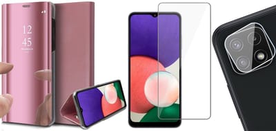 Hoesje geschikt voor Samsung Galaxy A22 5G - Bookcase Roségoud - Screenprotector - Camera Screen Protector - Spiegel Hoes