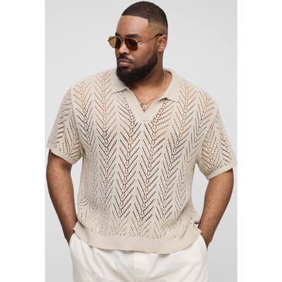 Plus Boxy Oversized Knit Polo T-Shirt | Taupe | Size 2XL