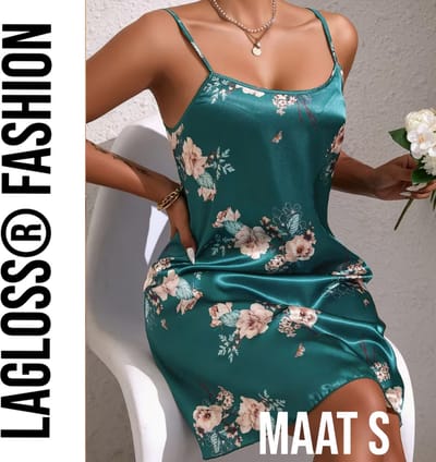 LaGloss® Turquoise Bloemenprint Slaapjurk Satijn – Mouwloos & Elegant Lente/Zomer - Nachtjurk – Maat S
