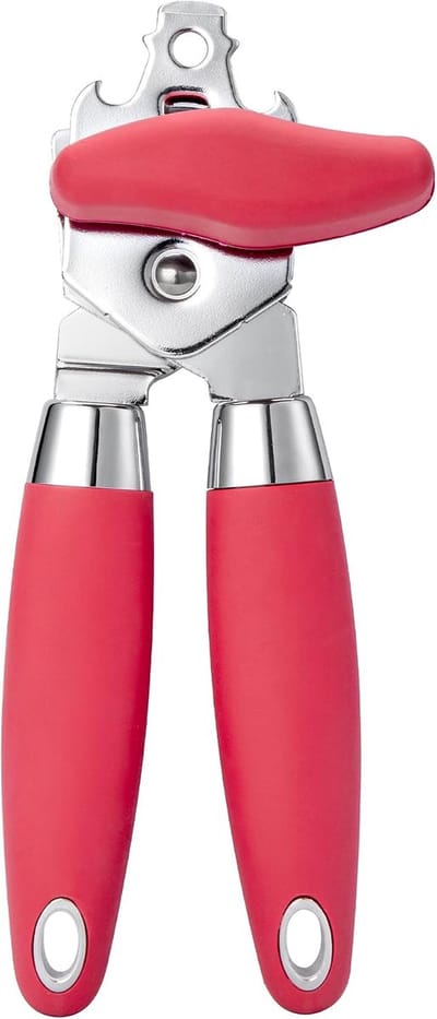 Handmatige Blikopener, TJ POP Heavy Duty Blikopener voor Artritische Handen, UK Blikopeners die Werken met Roestvrijstalen Scherp Mes, Gladde Rand Antislip Handgrepen (Rood)