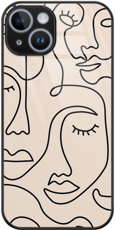 Hoesje geschikt voor iPhone 14 - Abstract gezicht lijnen - Luxe Glazen Hardcase - Hippe print - Beige - Leuke Telefoonhoesjes
