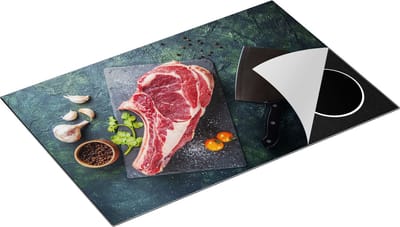 Chefcare Inductie Beschermer Vlees met een Mes op een Marmeren Plaat - 80x50 cm - Afdekplaat Inductie - Kookplaat Beschermer - Inductie Mat