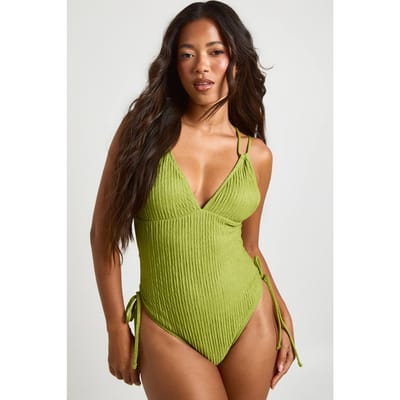 boohoo Dames Gestructureerd Badpak Met Open Rug | Olive | Maat: 6
