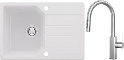 Anycee MAX Spoelbak Keuken Wit - Granieten Spoelbak 65x45CM - Spoelbakken Keuken Met Keukenkraan Met Uittrekbare Uitloop - Spoelbakken Met Afdruip - Opbouw Spoelbak
