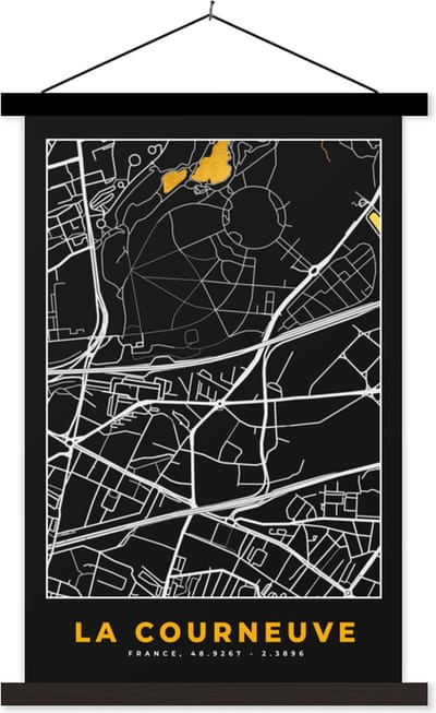 Posterhanger incl. Poster 40x60 cm - Schoolplaat - Kaart - Frankrijk - Stadskaart - Plattegrond - La Courneuve - Textielposter - Zwarte latten - Stadskaart