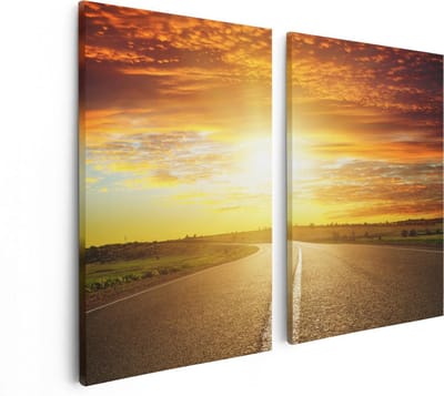 Artaza Canvas Schilderij Tweeluik Zonsondergang Over De Weg Met Een Rode Lucht - 80x60 - Foto Op Canvas - Canvas Print