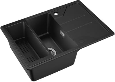 CECIPA max Granieten Spoelbak 65x45cm - Spoelbak Keuken Zwart - Spoelbakken Keuken Met Planchet en Afvoermand - Wasbak Keuken Met Waterafvoersysteem