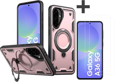 Hoesje Geschikt voor Samsung Galaxy A36 met 2 Stuks gehard glas Screenprotectors - Armor hoes met Ringhouder - Arara backcover - Rosegoud
