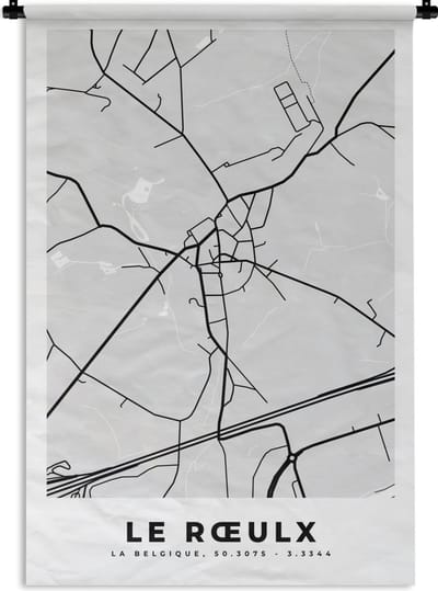 Wandkleed - Wanddoek - Plattegrond – Le Rœulx – Zwart Wit – Stadskaart - Kaart - 120x180 cm - Wandtapijt