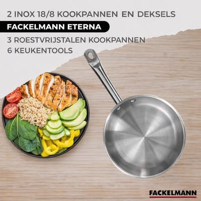 Set 2 pannen 20 en 28 cm van roestvrij staal en deksels, 3 roestvrijstalen kookpotten 16, 20 en 24 cm en 6 roestvrijstalen keukengerei Fackelmann Eterna