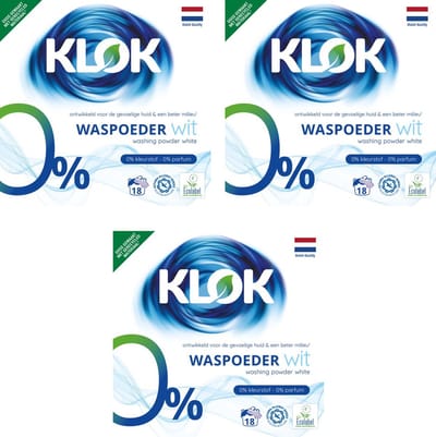 3 x Klok Waspoeder Eco Wit 18 Wasbeurten 1,17 kg