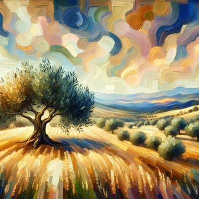 Olieverf olijfboom schilderij | Wuivende groene takken in de zachte gloed van zonlicht | Kunst - 30x30 centimeter op Dibond | Foto op Dibond