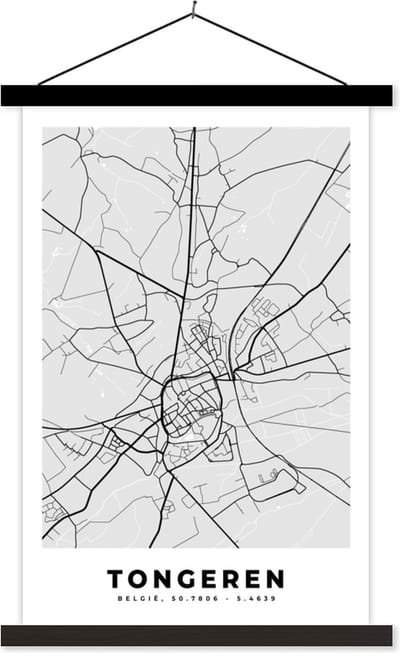 Posterhanger incl. Poster 40x60 cm - Schoolplaat - België – Tongeren – Stadskaart – Kaart – Zwart Wit – Plattegrond - Textielposter - Zwarte latten - Stadskaart