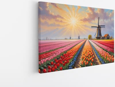 Saammp Canvas Schilderij - Landschap - Abstracte kleurrijke tulpen - Natuur - 45x30 - Foto op canvas - Wanddecoratie - Muurdecoratie Woonkamer - Slaapkamer decoratie - Canvas Print