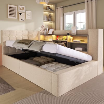 OKWISH Gestoffeerd Bed 90x200 cm - LED-Verlichting & USB-Oplaadpunten - Hydraulische Opbergruimte - Linnen Hoofdeinde Met Houten Accent - Beige - Met matras