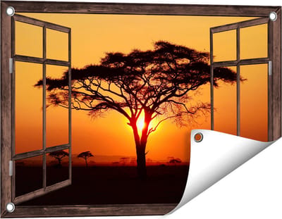 Gards Tuinposter Doorkijk Zonsondergang Achter een Savanne Boom - 60x40 cm - Tuindoek - Tuindecoratie - Wanddecoratie buiten - Tuinschilderij