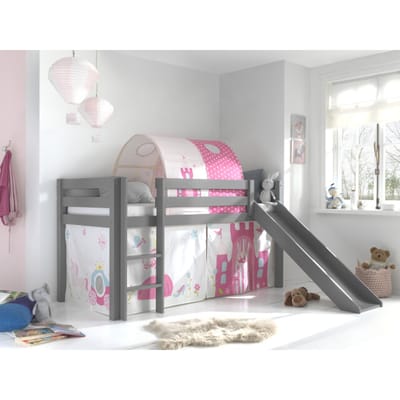 LUCEVI - Pino Halfhoogslaper + Ladder + Glijbaan + Princess Gordijntjes + Princess Tunnel - Grijs - 90x200 cm