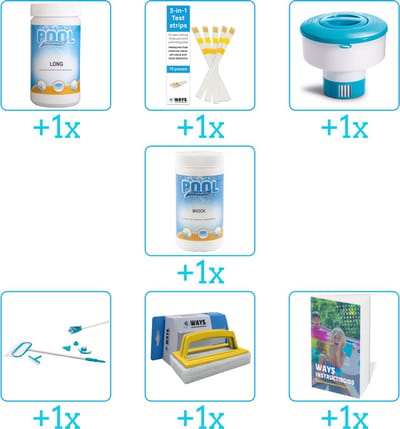 Zwembad Onderhoudspakket - Onderhoud Zwembad - bevat Chloor - Testrips - Chloordrijver - Chloor - Schoonmaakset - Scrubborstel en Zwembadgids (7-delig)