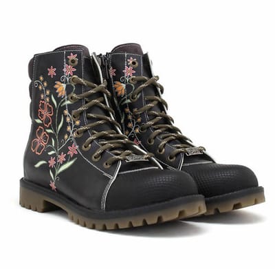 GOBY – Midnight Garden Dames Boots – Handmade en Vegan – Zwart met Geborduurde Bloemen – Maat 40