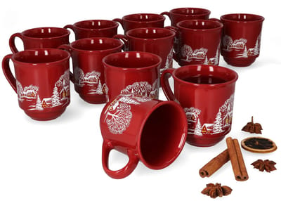 3160100 - Set van 12 glühwein mokken in donkerrood met kerstlandschap 0.2L gekalibreerd