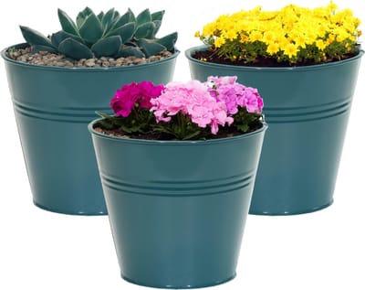 Mega Collections plantenpot/bloempot Bob - 3x - zink - zeegroen - D11 X H10 cm