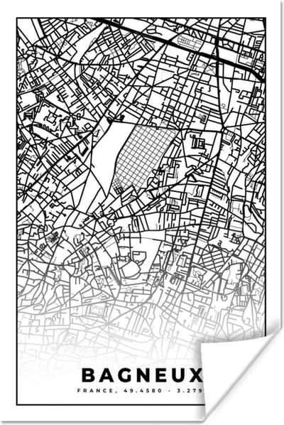 Poster Stadskaart - Plattegrond - Kaart - Frankrijk - Bagneux - Zwart wit - 120x180 cm XXL