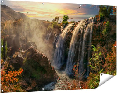 Gards Tuinposter Watervallen vanaf de Kliffen - 150x100 cm - Tuindoek - Tuindecoratie - Wanddecoratie buiten - Tuinschilderij
