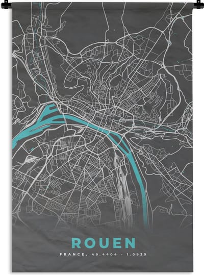 Wandkleed - Wanddoek - Rouen - Frankrijk - Stadskaart - Kaart - Plattegrond - 120x180 cm - Wandtapijt