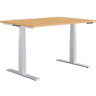 Schäfer Shop Genius bureau MODENA FLEX, elektrisch in hoogte verstelbaar, rechthoekig, T-poot, B 1200 x D 800 mm, beuken/blank aluminium