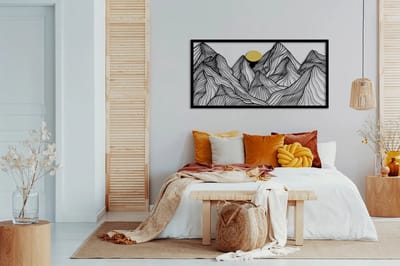 Metalen Wanddecoratie Bergen Landschap – 3D Wandkunst – Goud – 62 x 116 cm