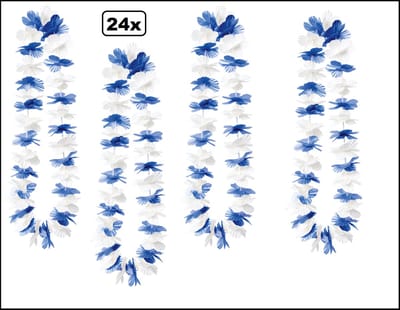 24x Hawaikrans blauw/wit - bloemenkrans - Tropical party WK Voetbal thema feest hawaii slinger
