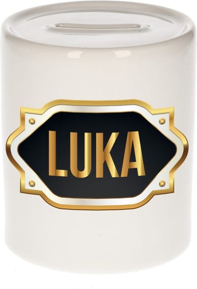 Spaarpot met voornaam Luka - wit - met goud/zwart embleem - 8 x 9 cm - keramiek - met afsluitdop - cadeau verjaardag