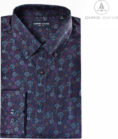 Chris Cayne heren overhemd - shirt heren lange mouw - M - donkerblauw/cyclaam/camel/offwhite - geprint dessin - button down kraag - borstzak