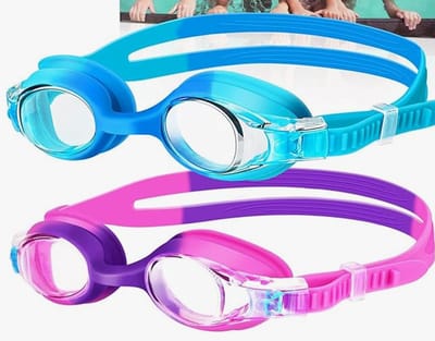 Set van 2 Kinder Zwembrillen – Verloopkleur Blauw-Turquoise & Roze-Paars, Waterdicht Anti-Waas Zwembril voor Zwemles en Strand