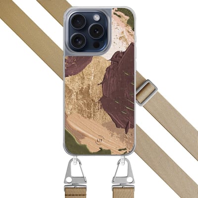 Hoesje met koord - Geschikt voor iPhone 15 Pro - Abstract art - Verstelbaar zwart koord - Bruin, Beige - Print / Illustratie - Leuke Telefoonhoesjes